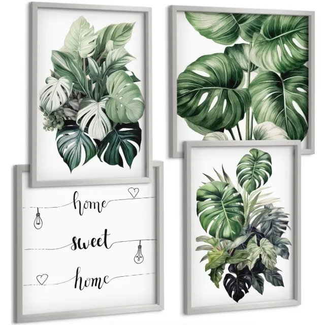 Coloray 4-Delige Schilderij Set - Groene Bladeren Van Tropische Planten, Aquarelverf - 40 x 40 cm En 40 x 60 cm - Wanddecoratie - Schilderijen Set - Interieur - Stijlvolle Muurdecoratie Zilveren lijst