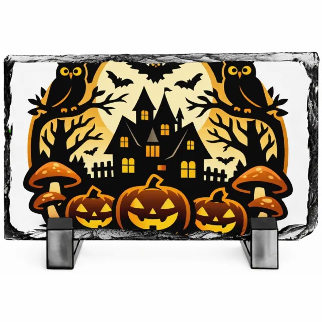 Mr Cadeautjes Leisteen rechthoek 14 x 9 - design Een fantasierijke bosscène met een grote maan, uilen en padd | cadeau Wit