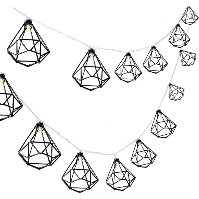 Go Go Gadget Lichtslinger - Diamantvorm - Industrieel ontwerp - LED - 10 lampenkapjes - Batterij - Lichtsnoer - Zwart - 120cm