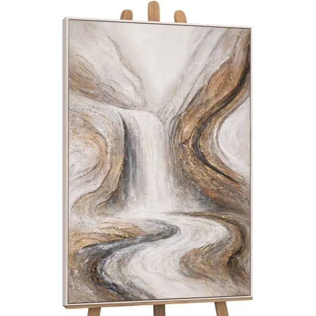 YS Canvas schilderij handgeschilderd waterfall of dreams abstract – YS-Art Gallery – Luxe wanddecoratie voor woonkamer – Modern schilderij voor slaapkamer en hal Beige