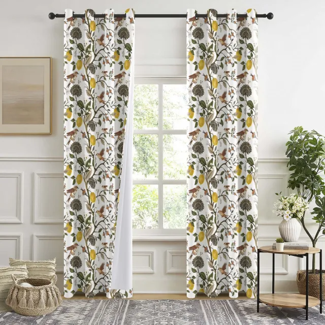 MUPOO verduisterende gordijnen set van 2, 127 x 214 cm per paneel, wit polyester met citroen, bloemen- en vogelprint, 100% lichtblokkerend met thermische voering en 8 bronzen ringen voor gordijnroede, slaapkamer en woonkamer