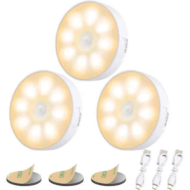 GelldG 8 LED-nachtlampjes - 3-pack - Met bewegingssensor - Oplaadbaar via USB - 3 instelbare standen (automatisch/aan/uit) - Geschikt voor slaapkamers, kledingkasten, badkamers en gangen - 3000K warmwit licht