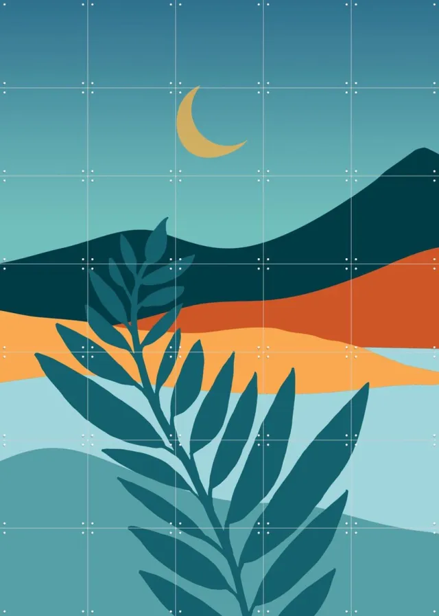 IXXI Mediterranean Twilight, Kristian Gallagher & Various - 100 x 140 cm - Grote wanddecoratie en posters - Kleurrijk, Digitale Kunst, Fantasierijk Groen / Oranje / Blauw