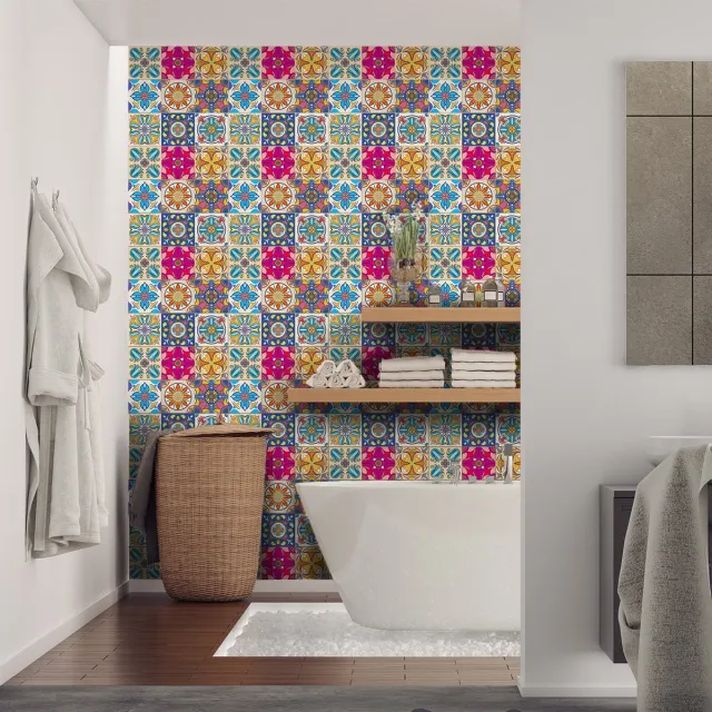 Ambiance Sticker Zelfklevende tegelmuurstickers voor keuken en badkamer - 9 cementtegelstickers, Azulejos Tonia - 9 stickers, 20x20cm Multi color