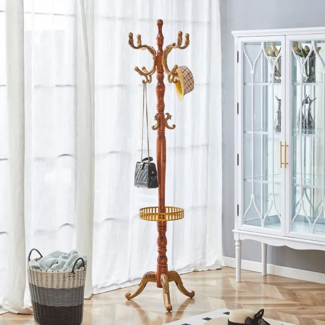 OKWISH Kapstok Staand – 195 Cm – Massief Hout En Metaal – Houtkleur – Met Meerdere Haken Voor Hal En Slaapkamer
