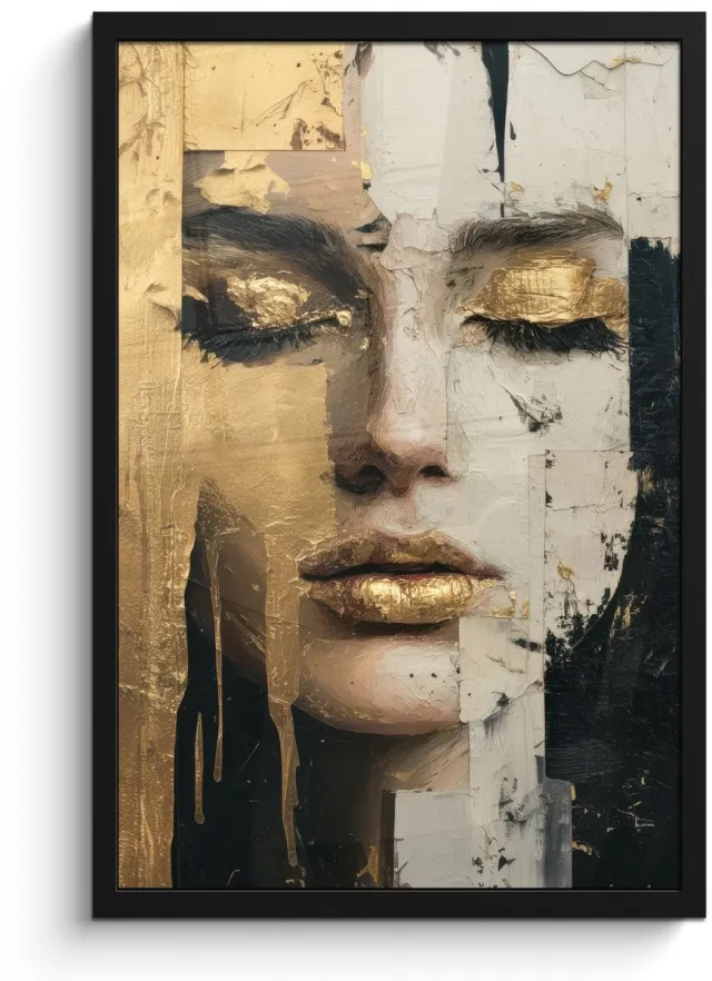 FrameYourWall Poster in lijst - Fotolijst 40x60 cm - Posters - Abstract - Goud - Gezicht - Lippen - Posterlijst zwart - Decoratie - Wanddecoratie woonkamer - Muurdecoratie slaapkamer Abstract - Gezicht - Lippen