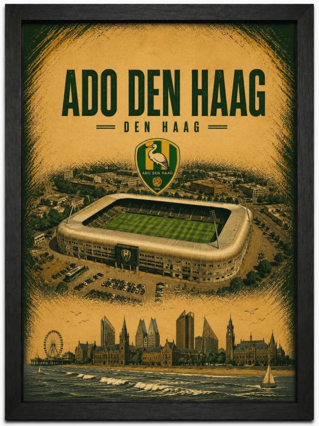 Joshimo ADO Den Haag Poster | Stadion & Skyline Den Haag | Vintage Art Style | Inclusief Zwarte A3 Lijst