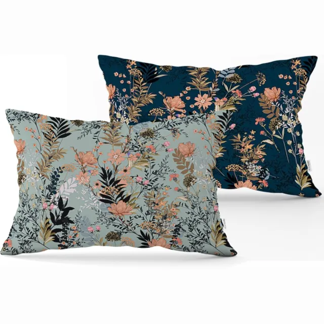 De Groen Home BLOEM Velvet Sierkussen set van 2 - 30x50 - Bloemen - Inclusief binnenkussen - Fluweelzachte kussensloop Donkerblauw