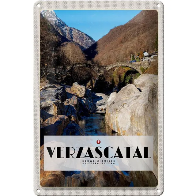 Femer Blechschild Reise 20x30cm Verzascatal Brücke Wälder Fluss Natur Multi-coloured