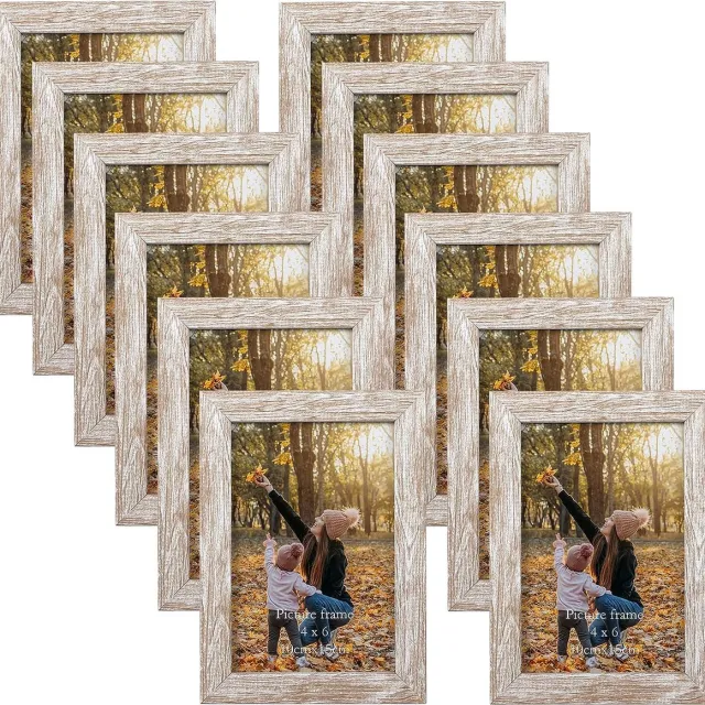 PETAFLOP Set van 12 rustieke fotolijsten 10x15 cm met natuurlijke houtnerf voor 15x10 foto's, fotolijst collage set voor wand- of tafelstandaard