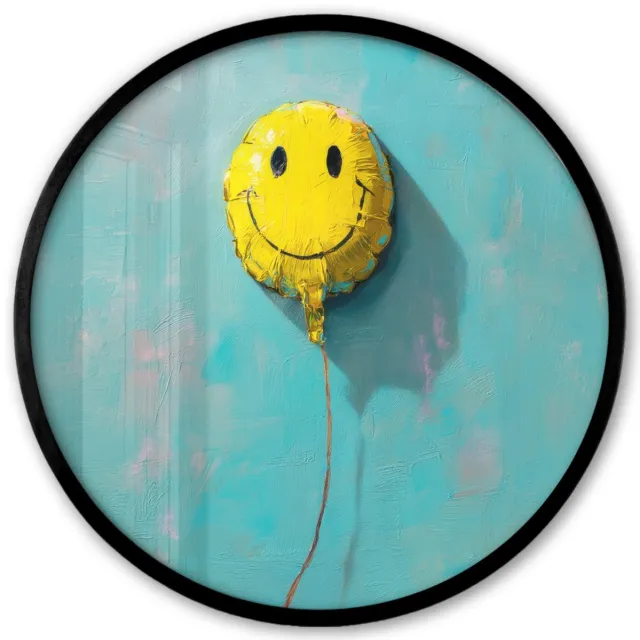 FrameYourWall Poster in lijst Rond - Fotolijst 40x40 cm - Posters - Ballon - Geel - Smiley - Ronde posterlijst zwart - Decoratie - Wanddecoratie woonkamer - Muurdecoratie slaapkamer Ballon - Smiley