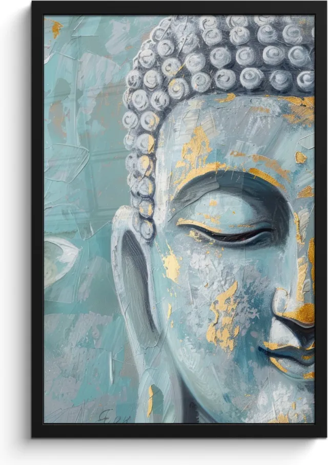 FrameYourWall Poster in lijst - Fotolijst 40x60 cm - Posters - Boeddha - Bloem - Lotus - Goud - Blauw - Posterlijst zwart - Decoratie - Wanddecoratie woonkamer - Muurdecoratie slaapkamer Boeddha - Blauw