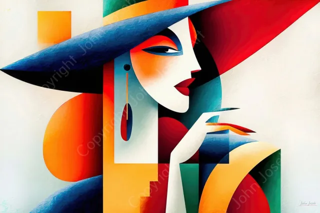 John Joseb Art (Aluminium) 60x40 | Vrouw met hoed, Picasso / Salvador Dali stijl, kleurrijk, felle kleuren, abstract, kunst, portret, mens, goud, geel, blauw, rood, wit, modern | foto-schilderij op dibond, metaal wanddecoratie Aluminium, dikte 3 mm
