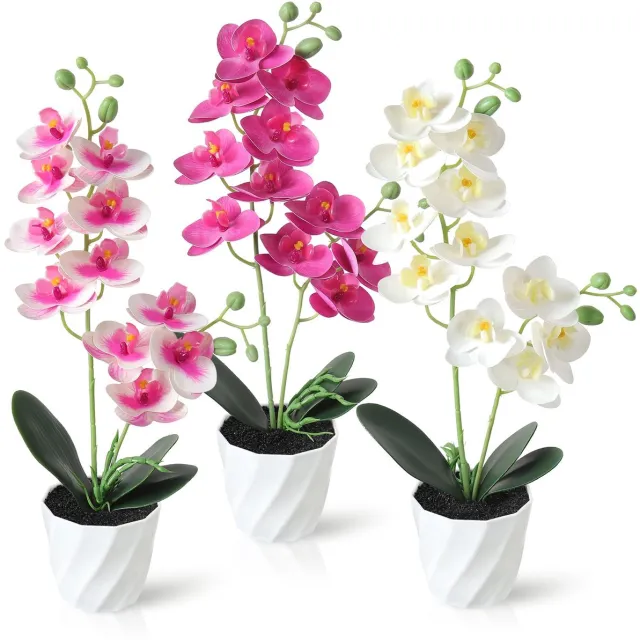 Ibenzoa Realistisch Uiterziende Kunstbloemen Set van 3 Orchideeën in Decoratieve Pot voor Huis en Kantoor wit