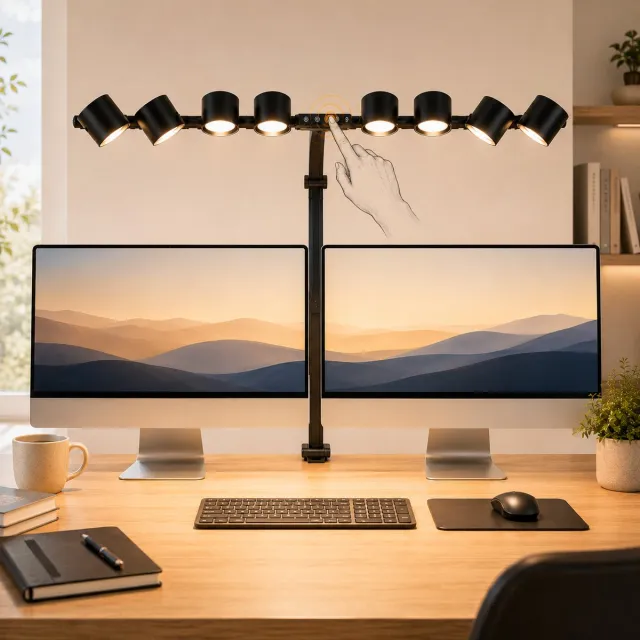 MUPOO Bureaulamp LED met 8 Individueel Verstelbare Lichtkoppen - Dimbare Werklamp - 330° Draaibaar&320° Kantelbaar - monitor lamp met Afstandsbediening- Hobbylamp voor Tekentafel, Modelbouw, Nagelstudio,Gerichte Verlichting Zwart