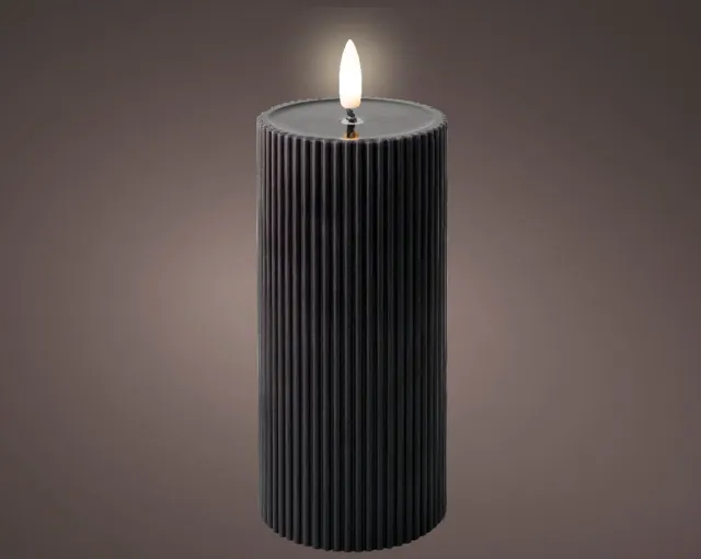 Lumineo LED ribbel wax kaars zwart met vlam-effect - ø7 x18 cm