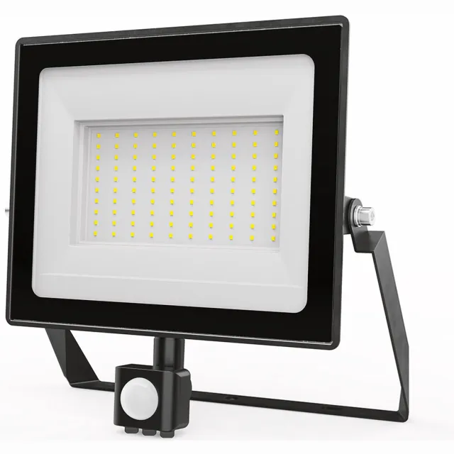 HOFTRONIC Stratos LED Schijnwerper met sensor - 100 Watt 8700 Lumen - IP65 Waterdicht - 4000K - Neutraal wit - Zwarte Breedstraler - Veiligheidslamp - Buitenlamp met bewegingssensor en schemerschakelaar