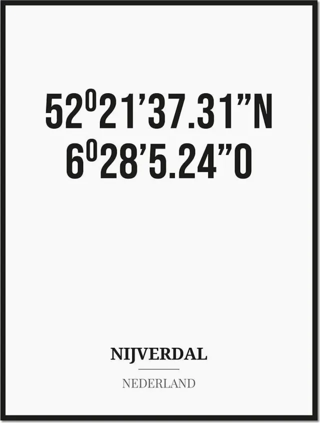 Studio216 Poster/kaart NIJVERDAL met coördinaten zwart, wit