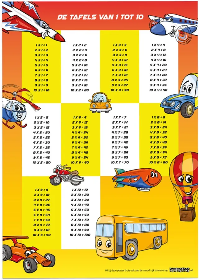 eduposters Educatieve poster (Posterpapier) - Rekenen tafels cars & planes geel - 29.7 x 42 cm (A3)