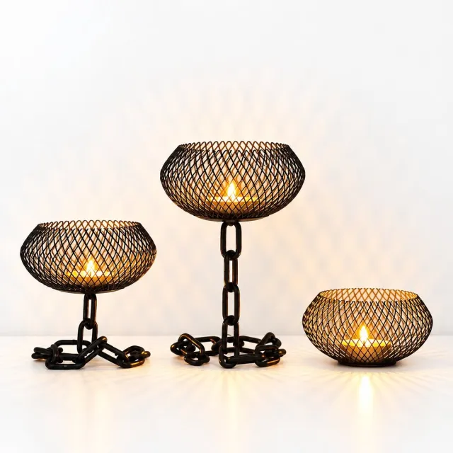R H R&H® Vintage ijzeren kandelaar set van 3 - Industriële metalen gaas theelichthouders met kettingbasis - Decoratieve tafelkandelaars voor woonkamer en eettafel - Zwart