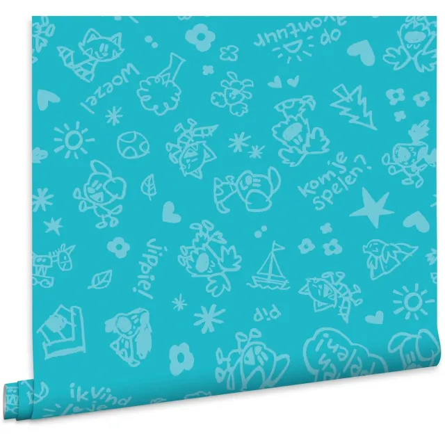 Woezel en Pip Woezel & Pip - Behang Wonderprent blauw