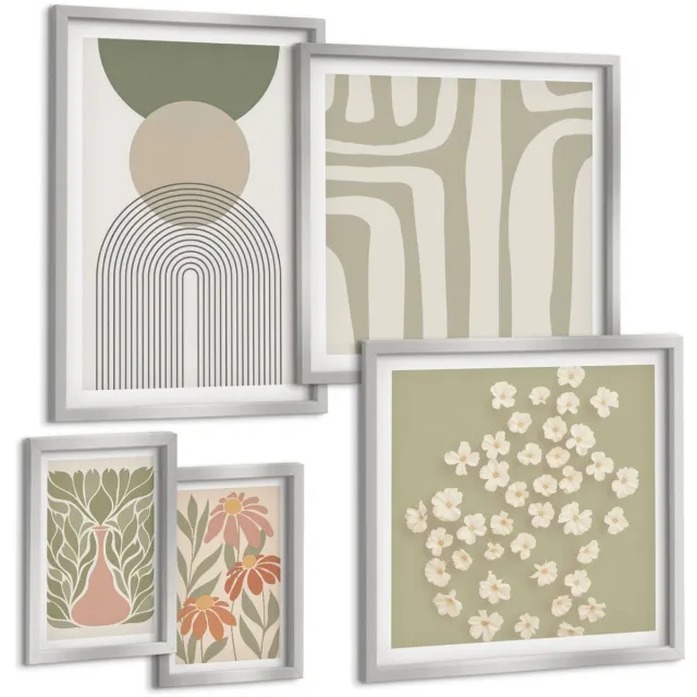 TULUP 4-Delige Schilderij Set - Stijlvolle afbeeldingen in pasteltinten met plantmotieven. - 50 x 50 cm, 20 x 30 cm en 40 x 60 cm - Muurdecoratie - Interieur Decoratie Zilveren lijst