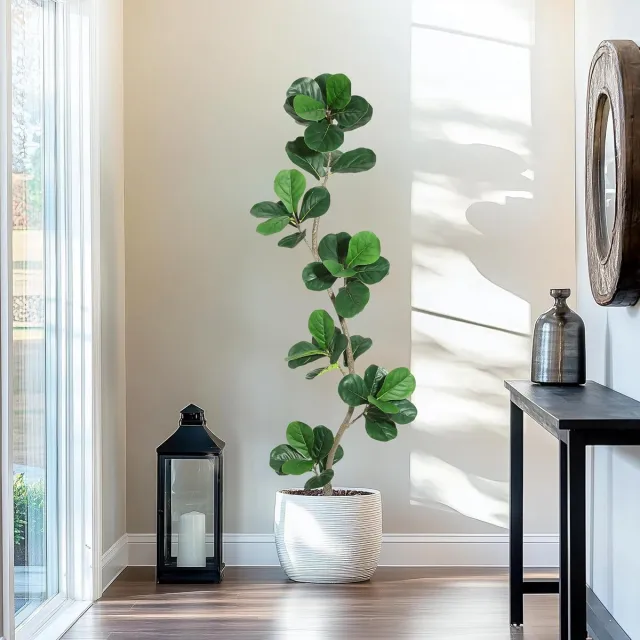 Triumpunpre 180cm Kunst vijgenbladboom met zwarte kweekpot - kunstplant met natuurlijke houten stam - S-vormige kunstficus voor decoratie woonkamer kantoor thuis Wit