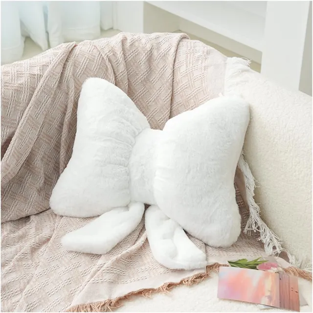 SNQ Zacht Pluchen Sierkussen met Strik - 36x31 cm - Wit - Lendenkussen voor Bank - Bed en Woonkamer - Modern en Creatief