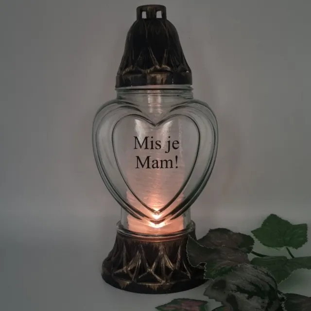 Herdenkingslichtjes.nl Herdenkingslicht - P39 - Goud - Transparant glas - Mis je mam! - Grafkaars – Graflicht – Graflantaarn