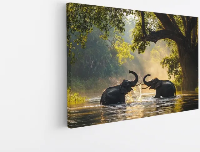 Saammp Canvas Schilderij - 2 Spelende Olifanten - Afrika - Dieren - 40x30 - Foto op canvas - Wanddecoratie - muurdecoratie Woonkamer - Slaapkamer decoratie - Canvas Print Multicolor