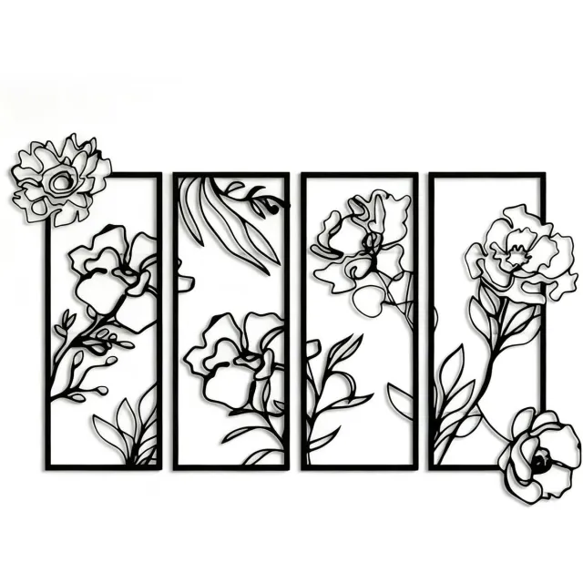 Unyqoos Set van vier metalen wanddecoraties met bloemmotief voor diverse ruimtes zwart