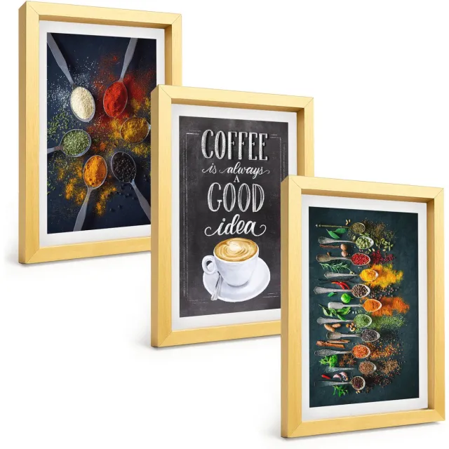 TULUP 4-Delige Schilderij Set - Specerijen Koffie met Kopje Kruiden Keukenpatronen - 20 x 30 cm - Wanddecoratie - Muurdecoratie - Moderne Interieurdecoratie Gouden lijst