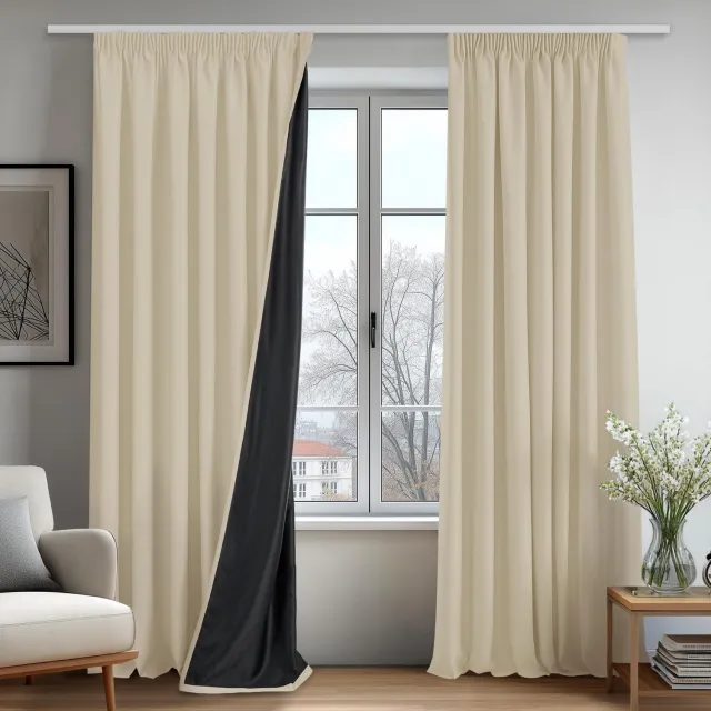 Famanu 100% verduisterende gordijnen set van 2 panelen, 140x260 cm, beige claro, met plooiband voor een stijlvolle en praktische oplossing, ideaal voor slaapkamers en thuisbioscopen Zwart