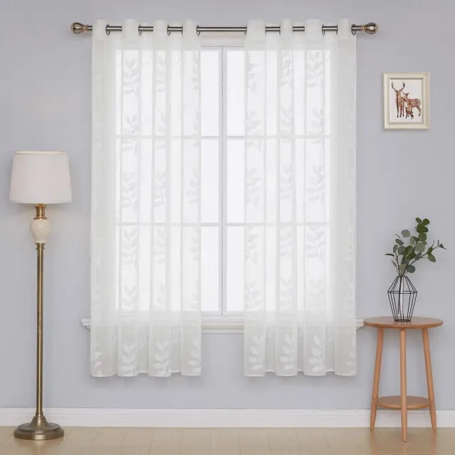 Allecto Plus Voile gordijnen met bladpatroon in wit - 290 x 140 cm - set van 2 - interieurdecoratie Any