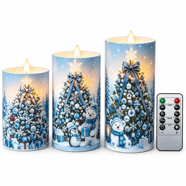 SWGOTA led kaarsen, set van 3 met blauw kerstboomdessin, verschillende hoogtes, warm licht en afstandsbediening, op batterijen, geleverd zonder batterijen