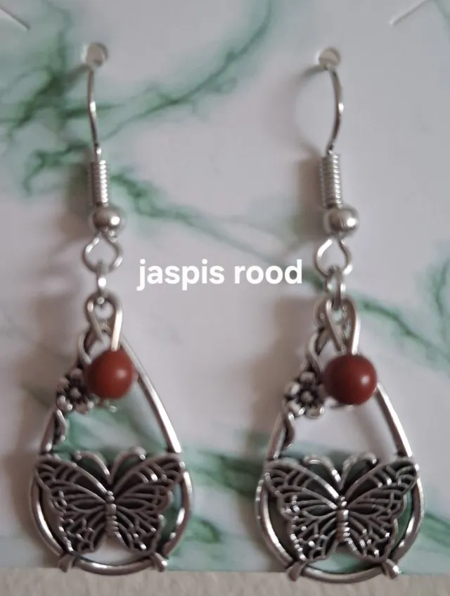mineraalsteen "Jaspis Rood" Waterdruppel / Vlinder Oorbellen