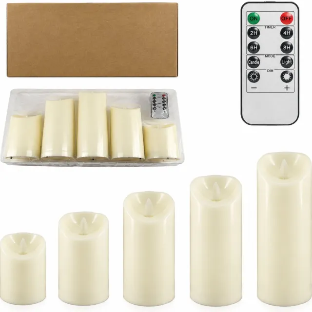 SWGOTA led kaarsen, set van 5 met bewegende vlam en afstandsbediening, gladde schuine bovenrand, diameter 7,5 cm, hoogtes 10-20 cm, in doos, zonder batterijen Crème