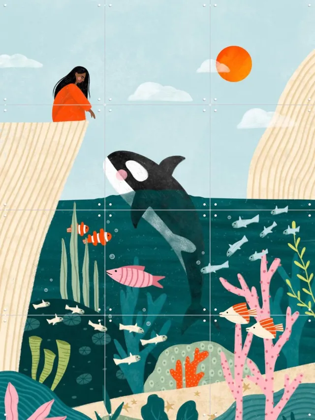 IXXI Bea Muller Underwater Scene, Bea Müller & Various - 60 x 80 cm - Grote wanddecoratie en posters - Modern, Kleurrijk, Fantasierijk, Cartoonesk Groen / Blauw