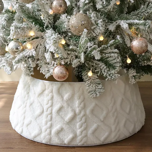 Huttutu Kerstboomrok - Rustieke Luxe Pluche Nepbont Boomkraag met Kruisruit Patroon - Voor Kunstkerstbomen - Wit - 1 stuk