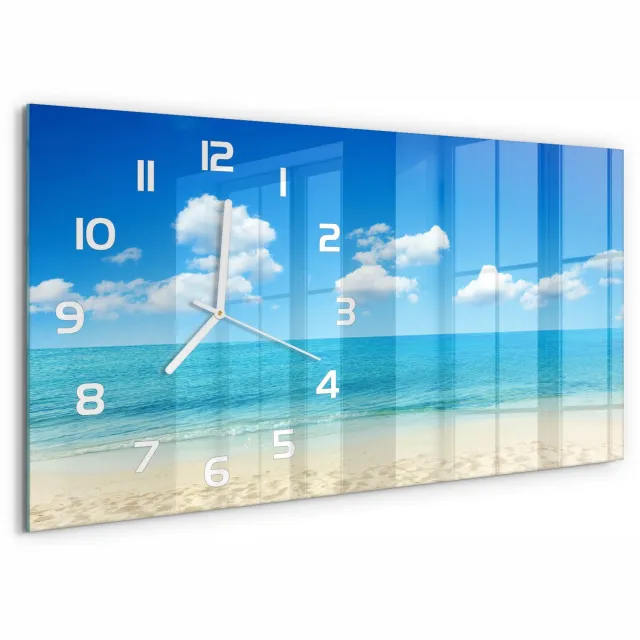TULUP Wandklok - Paradijsstrand Glazen Wandklok Design - 60x30 cm - Blauw Klok Glas Met Opdruk - Witte handen - Rechthoekige Klok - Wandklok Glas Met Motief - Decoratieve Glazen Klok