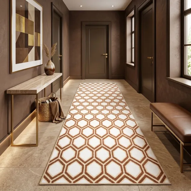 Floordirekt Tapijt Loper Cardiff met Patroon - Op Maat Gemaakte Fijn Lus Tapijt Loper - Voor Keuken, Hal & Woonkamer - Honingraatpatroon in Beige - 80 x 300 cm