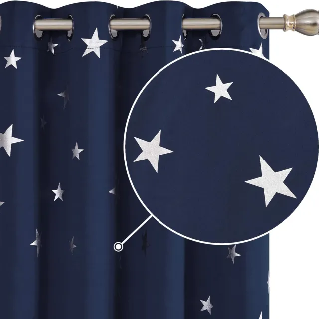 Famanu Verduisteringsgordijnen set van 2 panelen, elegant bedrukt, 168 x 183 cm, marineblauw, voor binnen, ontworpen om licht te blokkeren en zorgen voor privacy en geluidsisolatie zilver