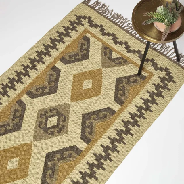 Homescapes handgeweven jute vloerkleed Ravar - 160 x 230 cm, kelim patroon beige-goud-bruin