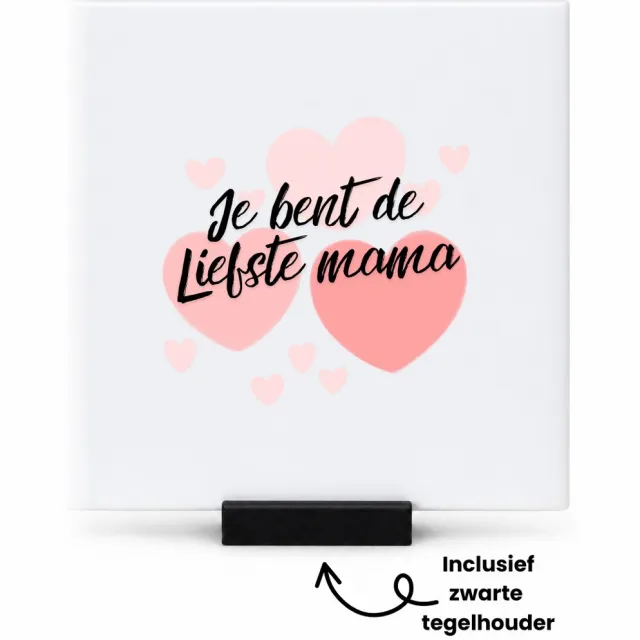 Hacebo Je bent de liefste mama met hartjes achtergrond tegeltje met tegelhouder - Mama - Liefste mama - tegeltjes met tekst - moederdag cadeautje - Cadeau voor mama - Verjaardag - Geschenk - Cadeau - Gift - spreuktegels - 10.8x10.8 CM Wit