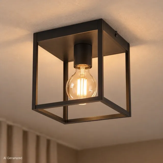 B.K.Licht Zwarte Plafondlamp - decoratiev - industriële lamp - metaalen - E27 fitting - 22x22 cm