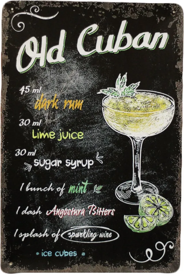 Cave & Garden Wandbord - Old cuban cocktail - 20 x 30cm - Mancave - Metalen wandbord - Mancave decoratie - Muurplaat - Metal sign - Tekstborden - Bar decoratie zwart/geel