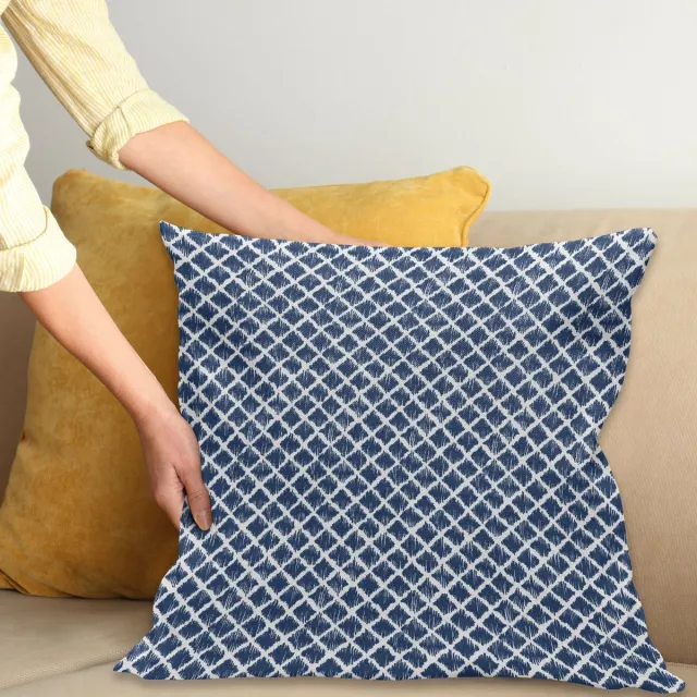 ABAKUHAUS Indigo Sierkussenhoes, Hand Getekend Sketchy Zoals Zig Zag Inner Ontwerp met Rectangular Vormen, Decoratieve Vierkante Sierkussenhoes, 65 x 65 cm, Petrol Blauw en Wit