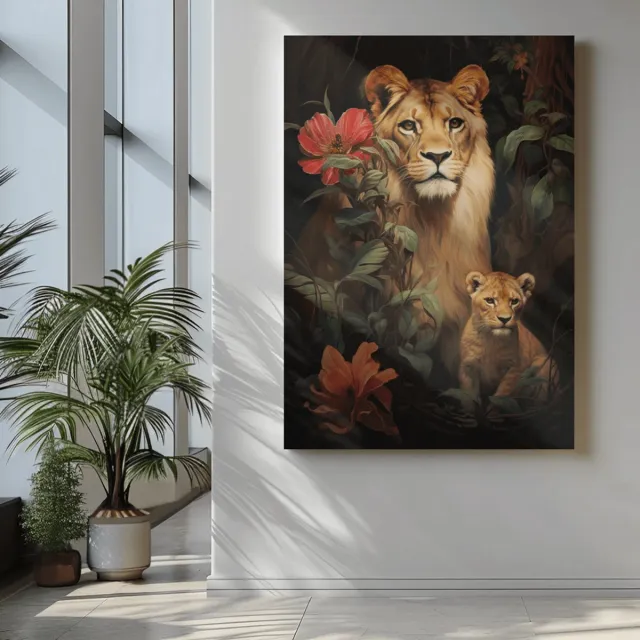 Trendex Global Canvas Schilderij - Dieren - Wilde Dieren - Leeuwin en Haar Welp - 90x60x2 cm Bruin