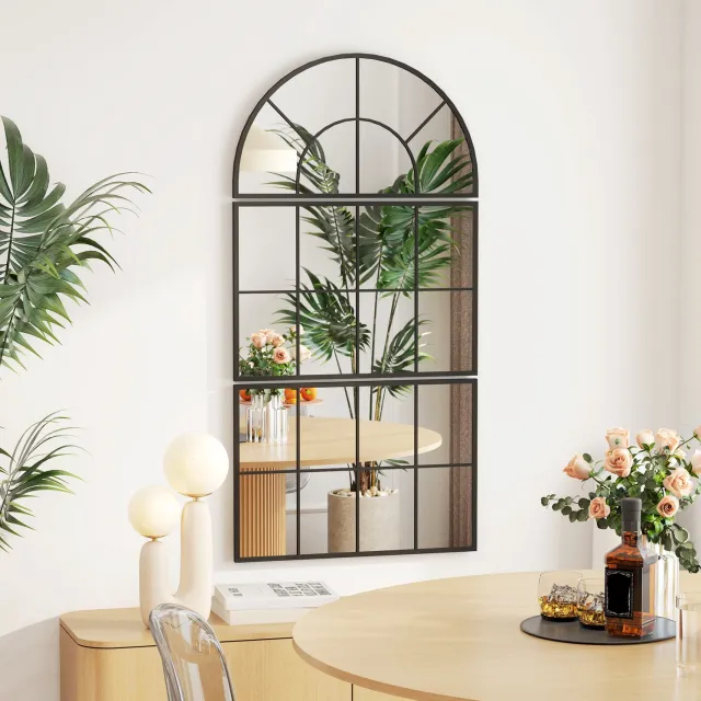 HAUSS SPOLE Wandspiegel Driedelig – 76 cm Breed – Glas en Metaal – Zwart – Boogsegment met Twee Rechthoekige Delen – Voor de Hal – met Haken