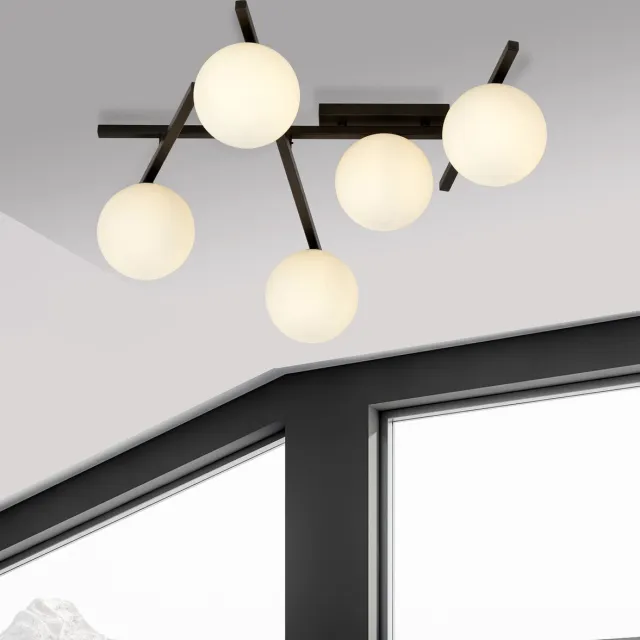 Emibig Mooie zwarte plafondlamp met 5 witte bollen E14 - Perfect voor moderne interieurs Zwartachtig